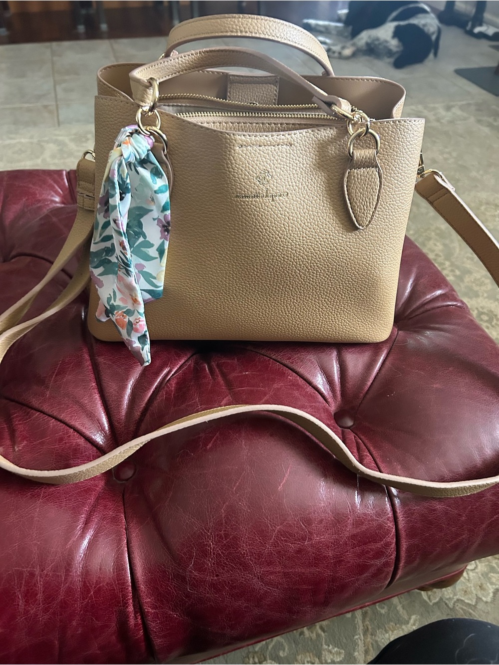 Nanette Lepore Beige Pebbled Leather Crossbody Tote with Floral Scarf
